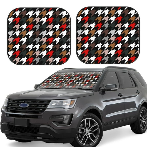 Rateoe Houndstooth Green Red Pattern 2 Piece Car Windshield Sun Shade Foldable | Front Windshield Shade for Sun, Heat and UV Rays | Sunshade for Car Front Window-Small