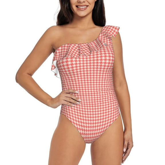Rateoe Houndstooth With Red And White Pattern Women One Piece Swimsuits Tummy Control One Shoulder Bathing Suits Ruffle Swimwear-