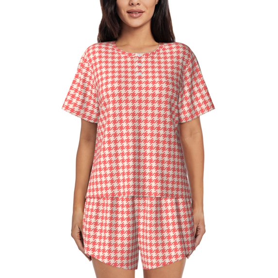 Rateoe Houndstooth With Red And White Pattern Women's Short-Sleeved Pajama Set - 2 Piece Soft and Lightweight Sleepwear Set-3X-Large