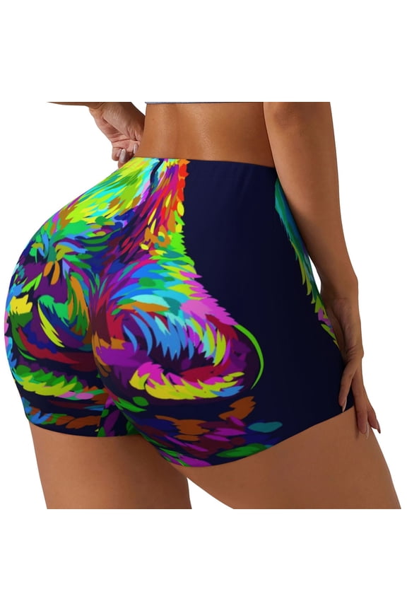 Howling Wolf Printed Power Workout Shorts for Women Tummy Control Squat Proof Ribbed Thick Seamless Scrunch Active Short-Medium