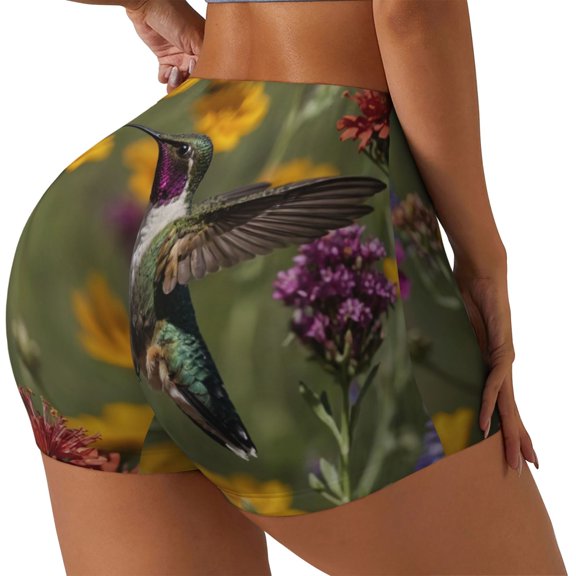 Rateoe Humming Bird Printed Power Workout Shorts for Women Tummy Control Squat Proof Ribbed Thick Seamless Scrunch Active Short-XX-Large