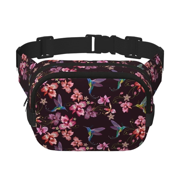Rateoe Humming Bird And Tropical Print Fanny Pack Belt Bag for Women and Men, Square Double-Layer Waterproof Waist Pack with Adjustable Strap for Hiking, Jogging, Cycling