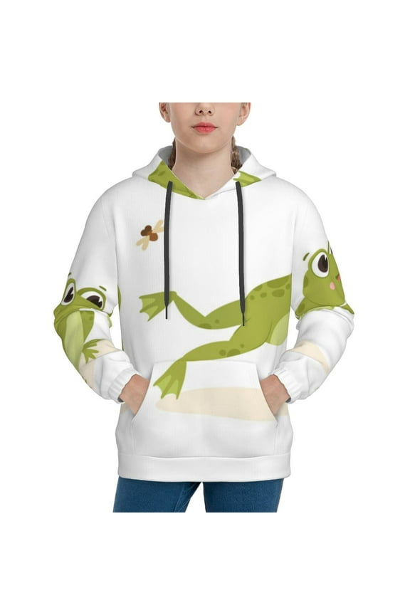 Hunting Frog Pattern Boys Hoodie, Youth Pullover Hooded Sweatshirt, Kangaroo Pocket Hoodie for Kids-Large