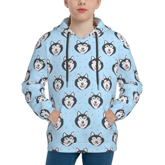 Rateoe Husky Head Pattern Boys Hoodie, Youth Pullover Hooded Sweatshirt, Kangaroo Pocket Hoodie for Kids-Small