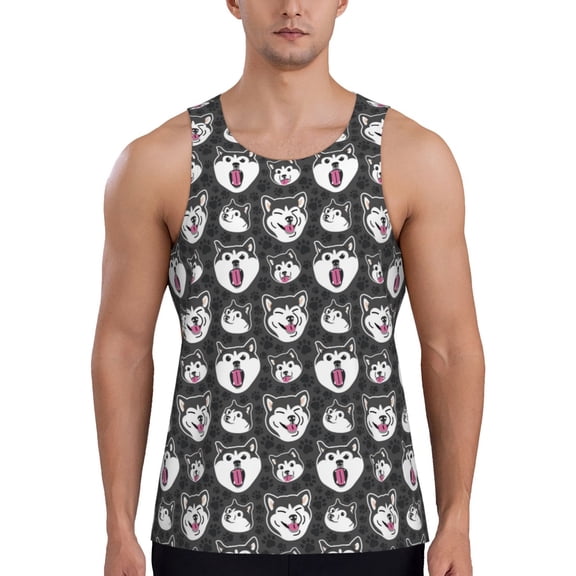 Rateoe Husky Pattern Sleeveless Gym Shirt Muscle Tee Breathable Workout Shirt Slim-Fit Tank Quick Dry Fit Muscle Tank Top Bodybuilding Sleeveless T Shirt-Medium