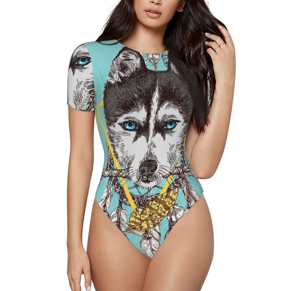 Rateoe Husky With Dreamcatcher Printed Women Rash Guard Short Sleeve,Tummy control Swimsuit Surfing Swimsuit Bathing Suit Short-sleeved Onesie UPF 50+ -X-Large