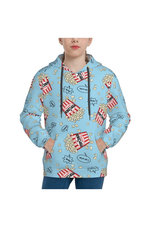 I Am A Fan Popcorn Pattern Boys Hoodie, Youth Pullover Hooded Sweatshirt, Kangaroo Pocket Hoodie for Kids-X-Large