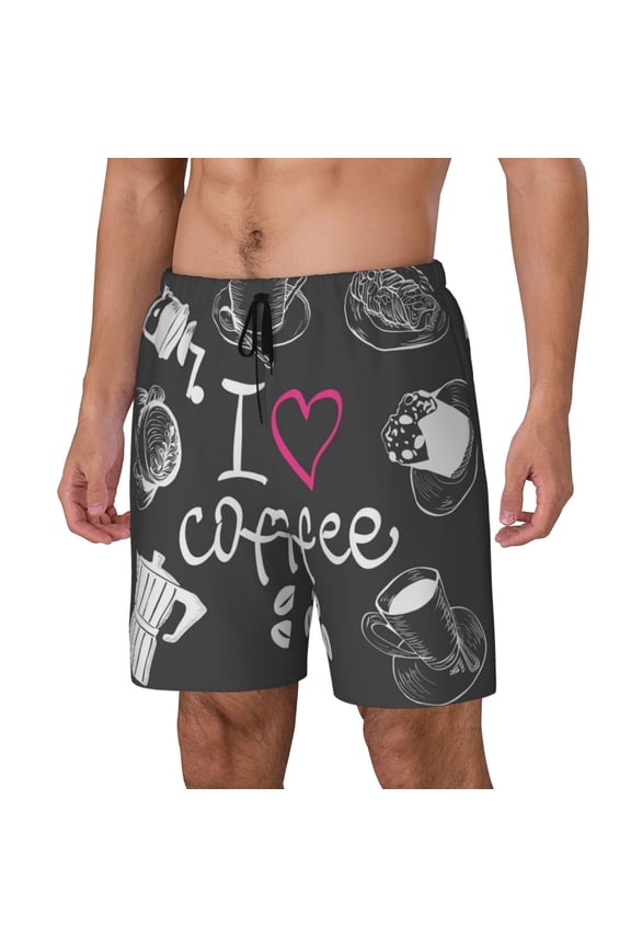 I Love Coffee Pattern Men’s Swim Shorts with Compression Liner – Double-Layered Quick-Dry Swimwear, Comfortable & Stretchy Beach Shorts-XX-Large