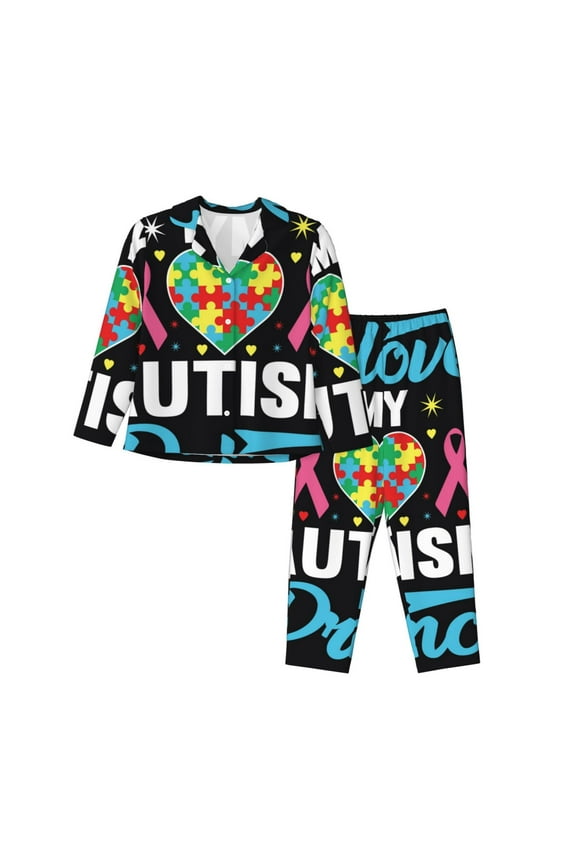 I Love My Autism Pattern Womens Pajamas Set Long Sleeve Sleepwear Button Down Nightwear Soft Cotton Pj Lounge Sets-Small