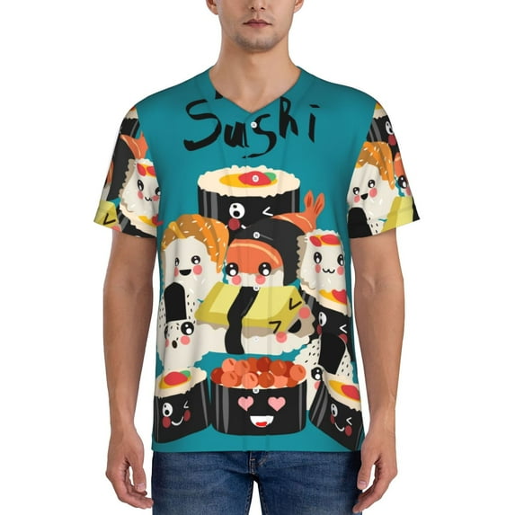 Rateoe I Love Sushi Pattern Men’s Baseball Short Sleeve Polo Shirt, Midweight Men's Shirt Golf Shirt Polo Shirts Quick Dry Short-3X-Large