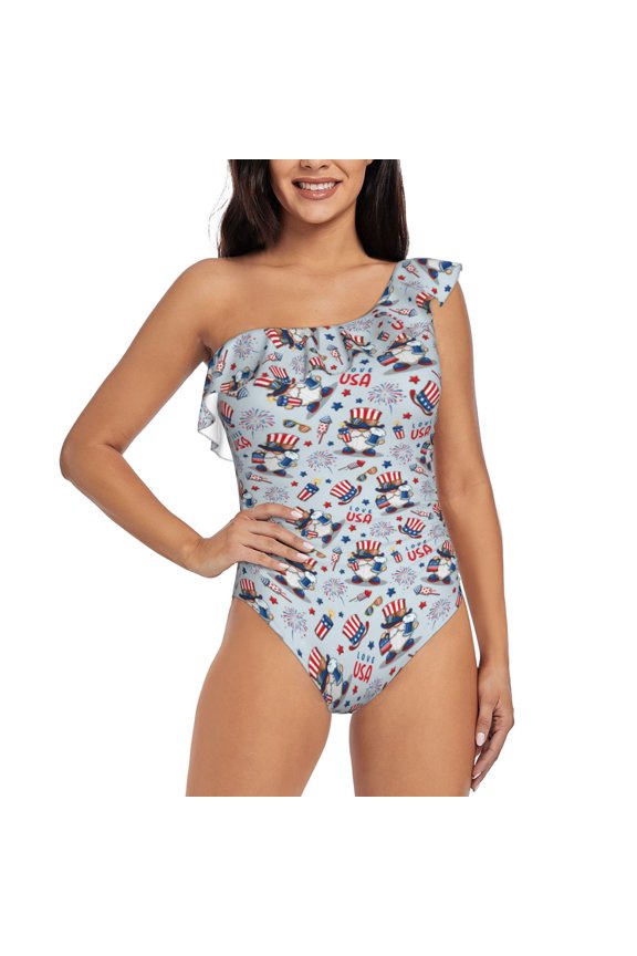 I Love USA Pattern Women One Piece Swimsuits Tummy Control One Shoulder Bathing Suits Ruffle Swimwear-