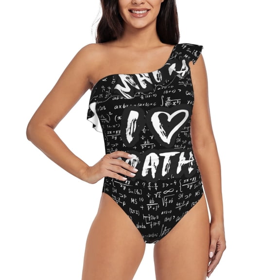 Rateoe I love Math Pattern Women One Piece Swimsuits Tummy Control One Shoulder Bathing Suits Ruffle Swimwear-Medium