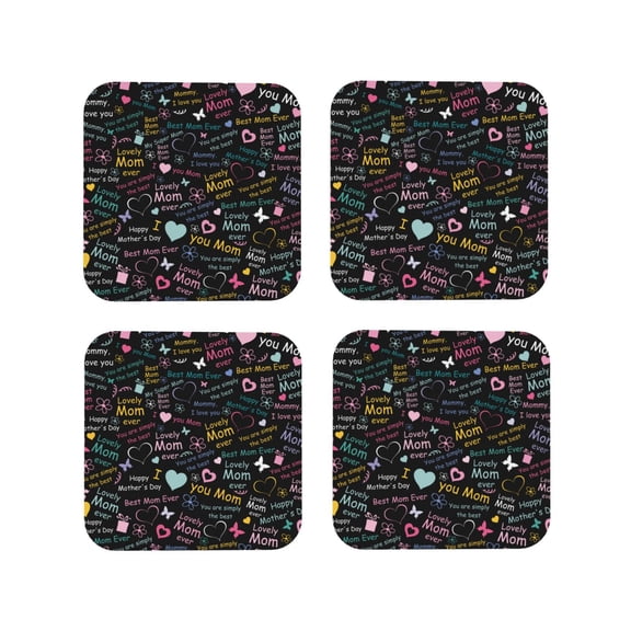 Rateoe I love you Mom Drawing Drink Coasters Set of 4 Leather Coasters Spill Protection for Table Desk,Durable and Non Slip Leather Coaster ,4 Inches Drink Mats-Square