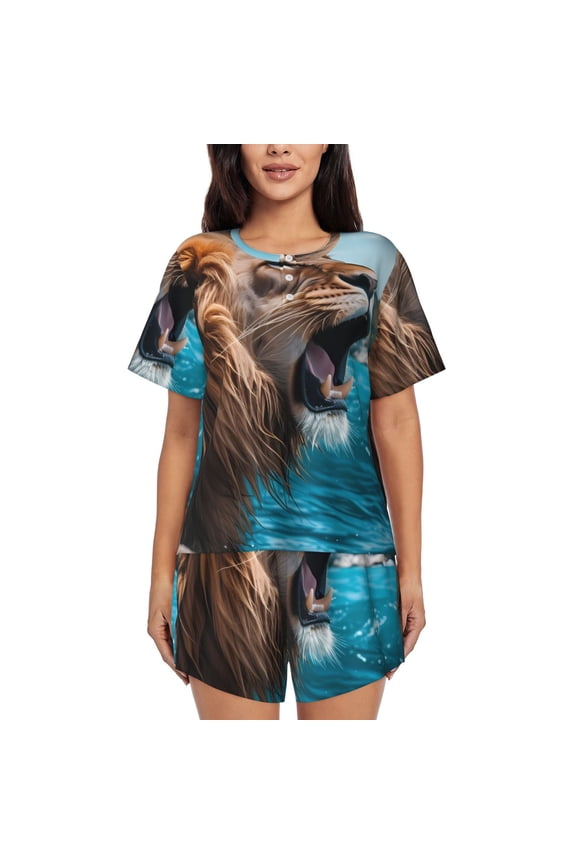 Ice Blue Coastal Lion for 2 Piece Short Sleeves Pajama Sets Casual Lounge Sleepwear Ladies Pjs Sets with Pocket-Medium