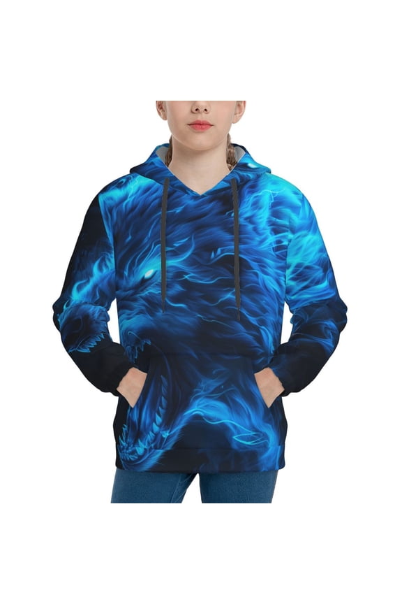 Ice Blue Fire Wolf Pattern Boys Hoodie, Youth Pullover Hooded Sweatshirt, Kangaroo Pocket Hoodie for Kids-Small