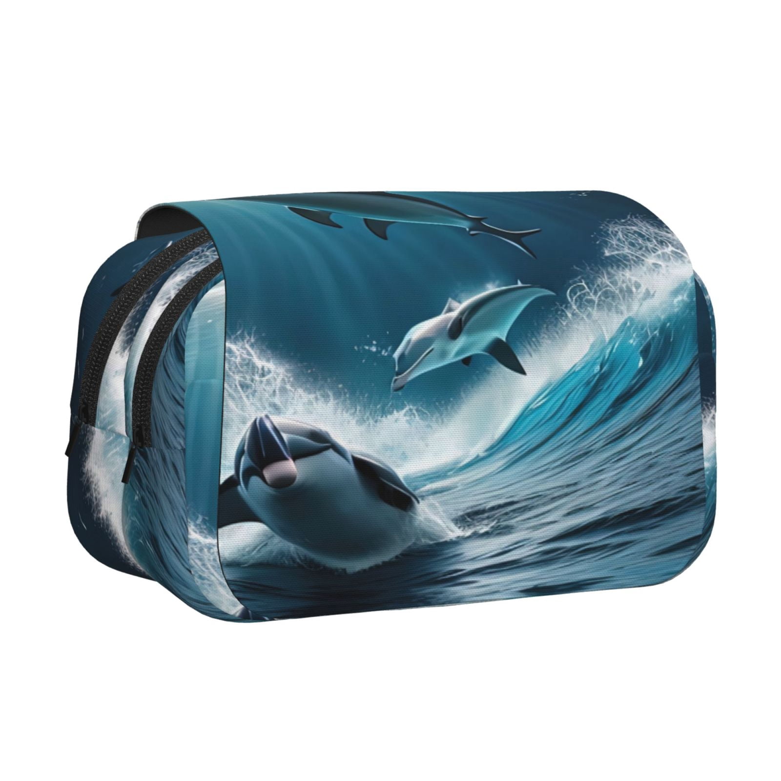 Rateoe Ice Blue Ocean Cute Dolphin A Pattern Double Clamshell Pen Case, Storage Organizer with Two Zipper Compartments– Holds Up to 50 Pencils & Pens