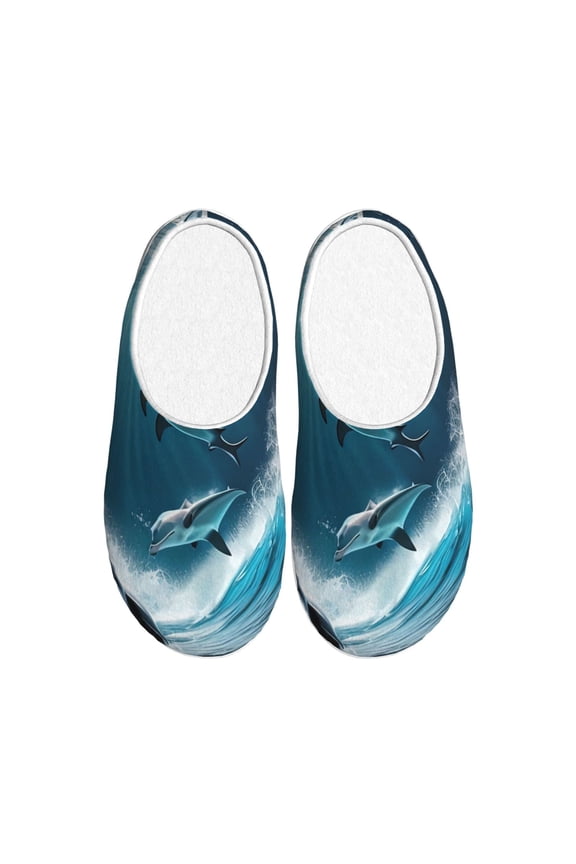 Ice Blue Ocean Cute Dolphin A Print Women's Men's Cotton Knit Slippers Lightweight Memory Foam Indoor House Shoes with Anti-Skid Sole-42/43