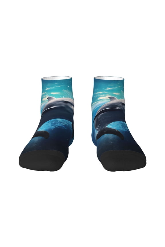 Ice Blue Ocean Cute Dolphin Pattern Quarter Crew Socks,Toe Seamed Ankle Socks,Cotton Cushioned Breathable Athletic Crew Sports Socks