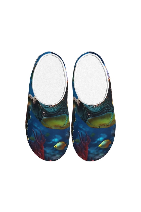 Ice Blue Ocean Sea Turtle Print Women's Men's Cotton Knit Slippers Lightweight Memory Foam Indoor House Shoes with Anti-Skid Sole-39/40