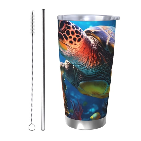 Rateoe Ice Blue Ocean Sea Turtle Printed Car Guy Gifts for Men Women Tumbler - 20oz/590ml Double Wall Vacuum Insulated Stainless Steel Travel Tumbler Cups with Lid & Straw-Straw Two-piece Set