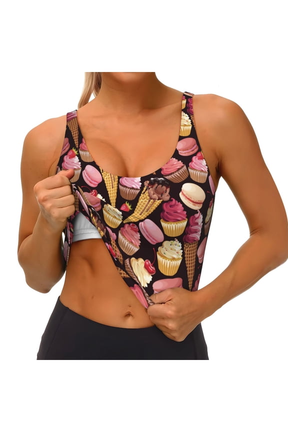Ice Cream Cake Print Womens' Sports Bras Scoop Neck Sports Vest- Padded U Back Seamless High Impact Support