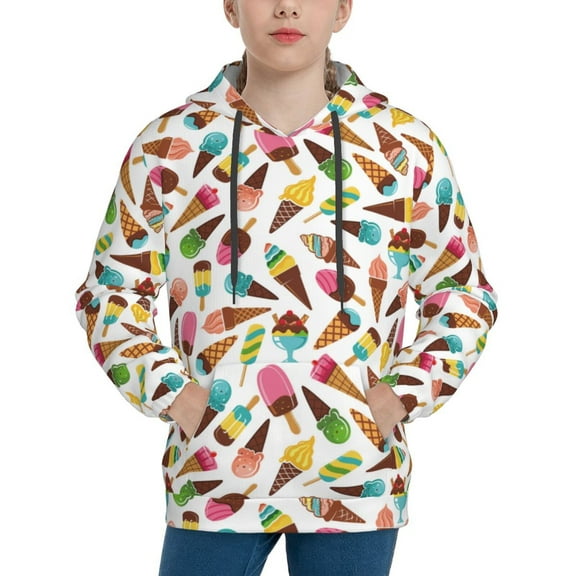 Rateoe Ice Cream Popsicles Pattern Boys Hoodie, Youth Pullover Hooded Sweatshirt, Kangaroo Pocket Hoodie for Kids-Small