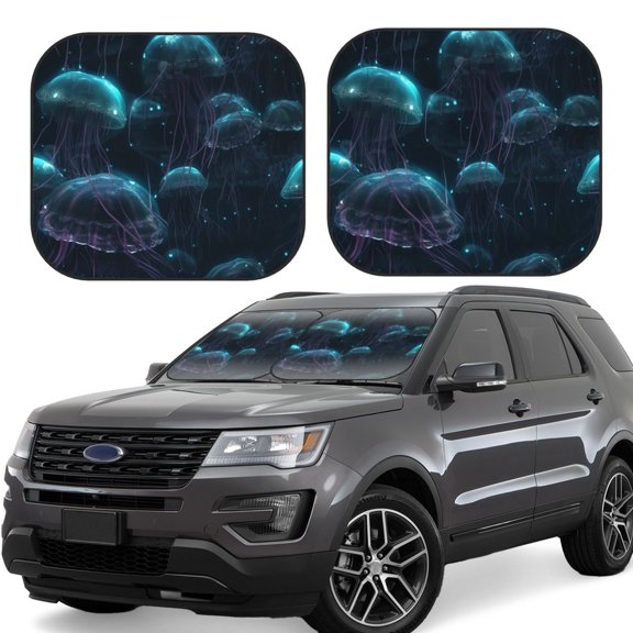 Rateoe Ice blue light spot jellyfish Pattern 2 Piece Car Windshield Sun Shade Foldable | Front Windshield Shade for Sun, Heat and UV Rays | Sunshade for Car Front Window-Small