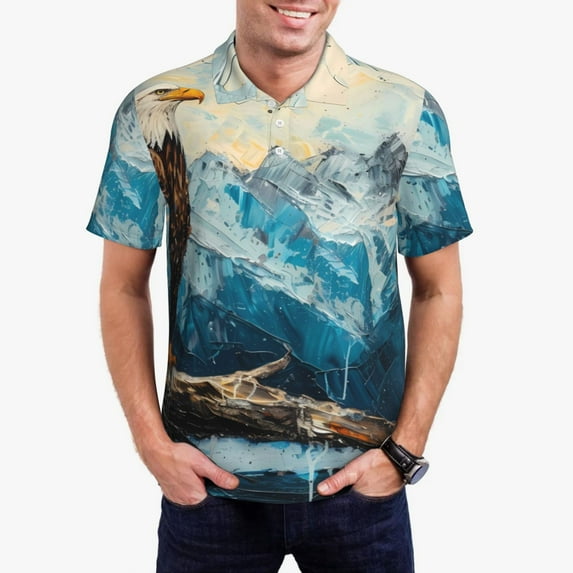Rateoe Iceberg Bald Eagle Pattern Men's Short Sleeve Polo Shirts, Golf Polo Shirts Short Sleeve Performance Moisture Wicking Dry-3X-Large