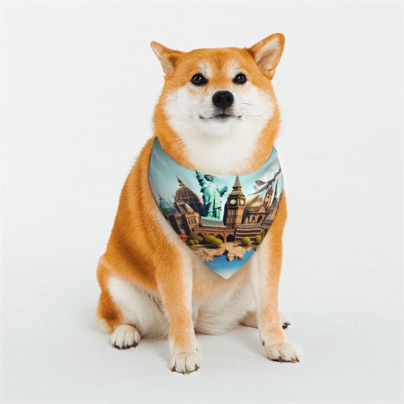 Rateoe Iconic Global Landmarks Print Pet Scarf for Dogs and Cats – Stylish Reflective Design, Breathable & Durable Pet Bandana with Quick-Release Buckle-Medium