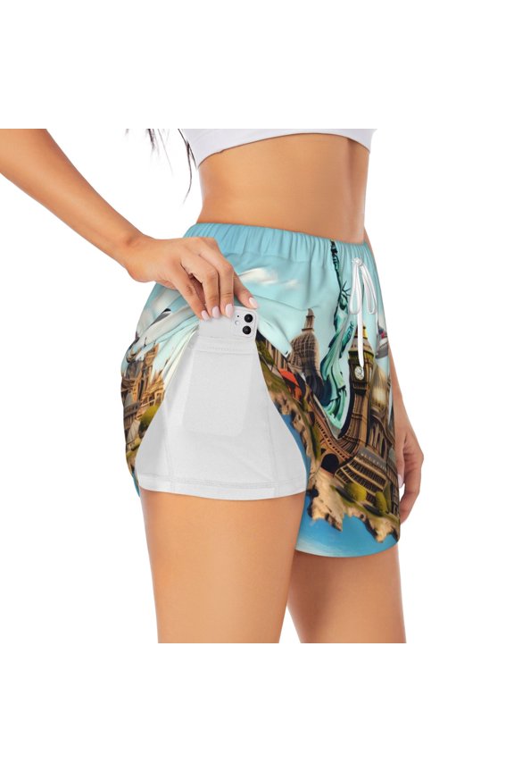 Iconic Global Landmarks Printed 2 in 1 Women's Workout Shorts for Athletic Gym Running Shorts with Phone Pockets-Small