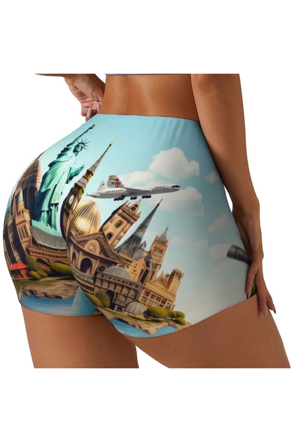 Iconic Global Landmarks Printed Power Workout Shorts for Women Tummy Control Squat Proof Ribbed Thick Seamless Scrunch Active Short-Large