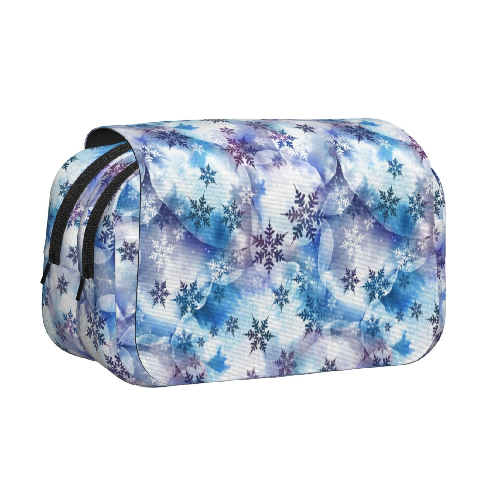 Rateoe Icy Blue Snowflakes Pattern Double Clamshell Pen Case, Storage Organizer with Two Zipper Compartments– Holds Up to 50 Pencils & Pens