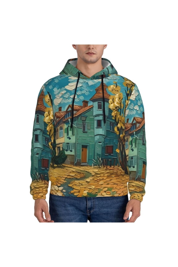 Impressionist Village Sky Pattern Mens Hoodie, Pullover Hooded Sweatshirt, Kangaroo Pocket Hoodie Ideal for Daily Wear, Travel and Home-Large