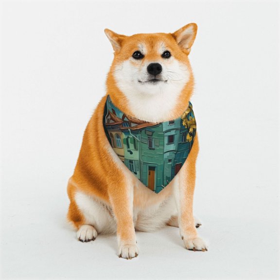 Rateoe Impressionist Village Sky Print Pet Scarf for Dogs and Cats – Stylish Reflective Design, Breathable & Durable Pet Bandana with Quick-Release Buckle-Large