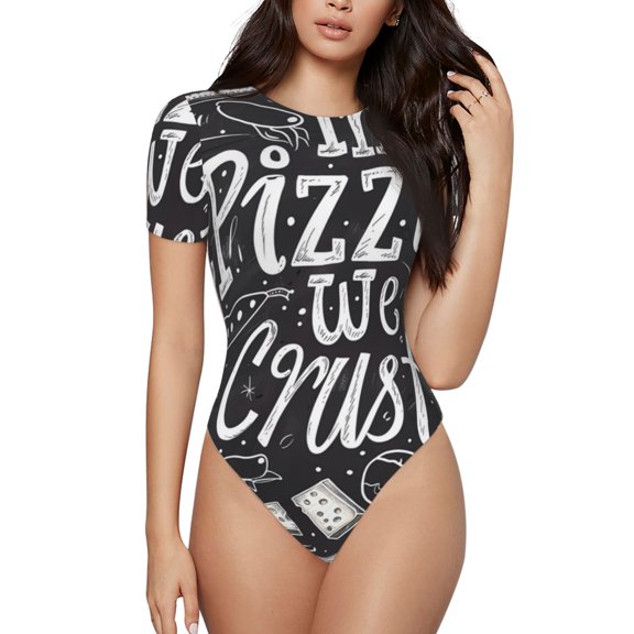 Rateoe In Pizza We Crust Art Printed Women Rash Guard Short Sleeve,Tummy control Swimsuit Surfing Swimsuit Bathing Suit Short-sleeved Onesie UPF 50+ -Medium