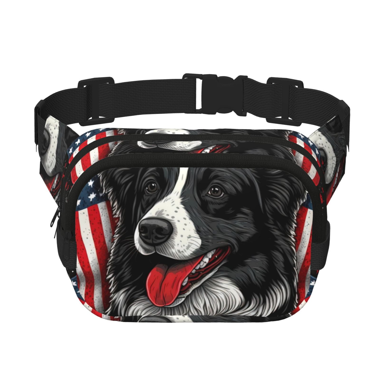 Rateoe Independence Day Collie Print Fanny Pack Belt Bag for Women and Men, Square Double-Layer Waterproof Waist Pack with Adjustable Strap for Hiking, Jogging, Cycling