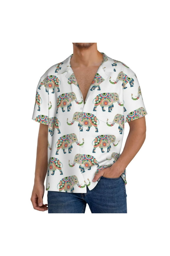 Indian Elephant Pattern Men's Short Sleeve Classic Shirt, Casual Short-Sleeved Shirt, Lightweight Summer Shirt, Cuban Collar Shirt,Button-Front Shirt-XX-Large