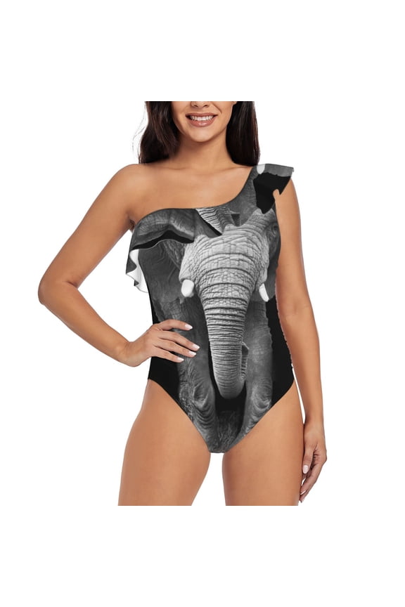 Indian Elephant Pattern Women One Piece Swimsuits Tummy Control One Shoulder Bathing Suits Ruffle Swimwear-Large