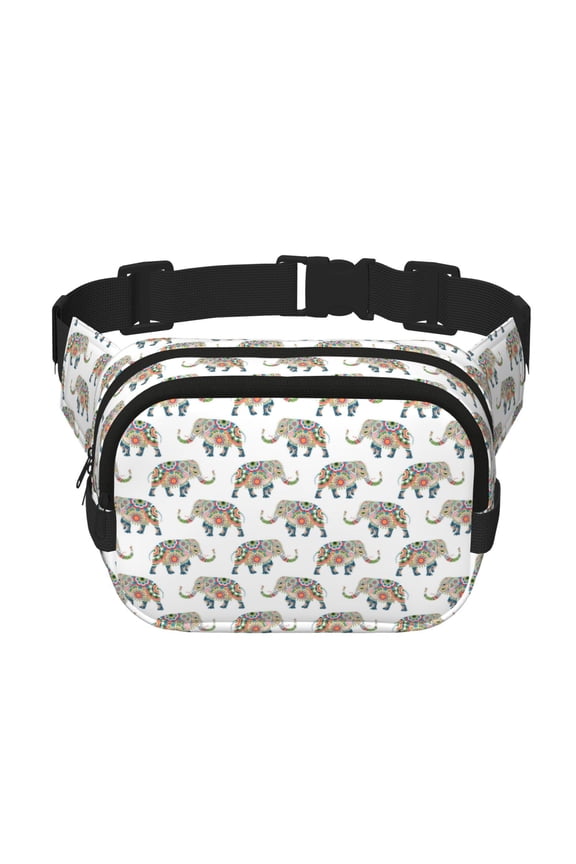 Indian Elephant Print Fanny Pack Belt Bag for Women and Men, Square Double-Layer Waterproof Waist Pack with Adjustable Strap for Hiking, Jogging, Cycling
