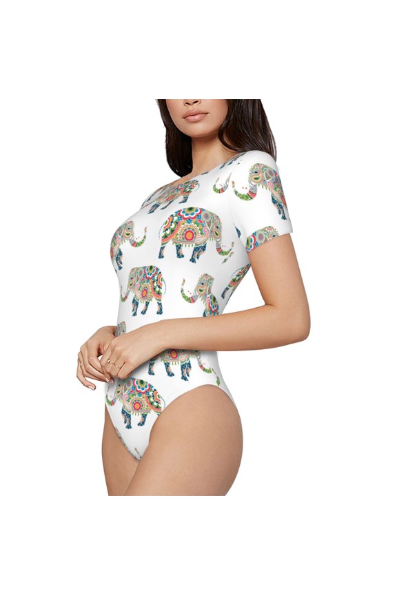 Indian Elephant Printed Women Rash Guard Short Sleeve,Tummy control Swimsuit Surfing Swimsuit Bathing Suit Short-sleeved Onesie UPF 50+