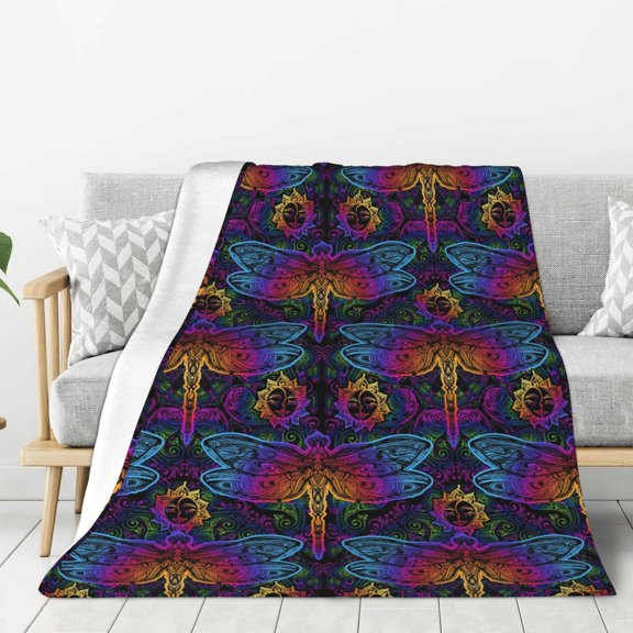Rateoe Indian Mandalas Dragonfly Pattern Flannel Throw Blanket, Ultra-soft Blanket for Bed, Couch, Car, Hypoallergenic Anti-pilling blanket-60"x50"(Vertical)