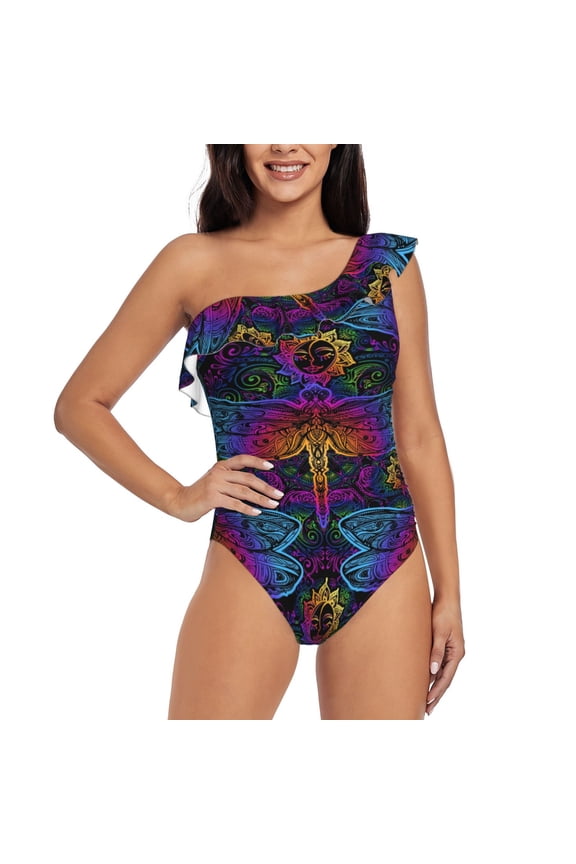 Indian Mandalas Dragonfly Pattern Women One Piece Swimsuits Tummy Control One Shoulder Bathing Suits Ruffle Swimwear-Medium