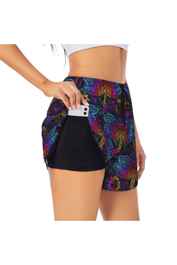 Indian Mandalas Dragonfly Printed 2 in 1 Women's Workout Shorts for Athletic Gym Running Shorts with Phone Pockets-