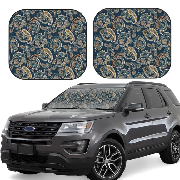 Rateoe Indian Paisley 2 Pattern 2 Piece Car Windshield Sun Shade Foldable | Front Windshield Shade for Sun, Heat and UV Rays | Sunshade for Car Front Window-Large