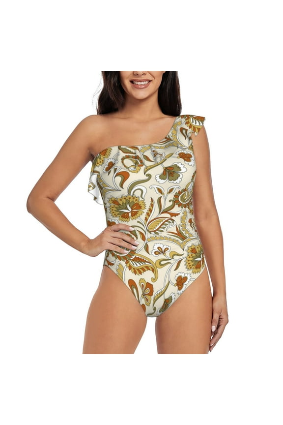 Indian Paisley Pattern Women One Piece Swimsuits Tummy Control One Shoulder Bathing Suits Ruffle Swimwear-