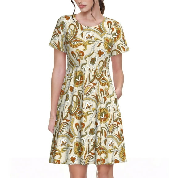 Rateoe Indian Paisley Pattern Women’s Short Sleeve Dress – Casual Elegant Summer A-Line Dress for Everyday Wear