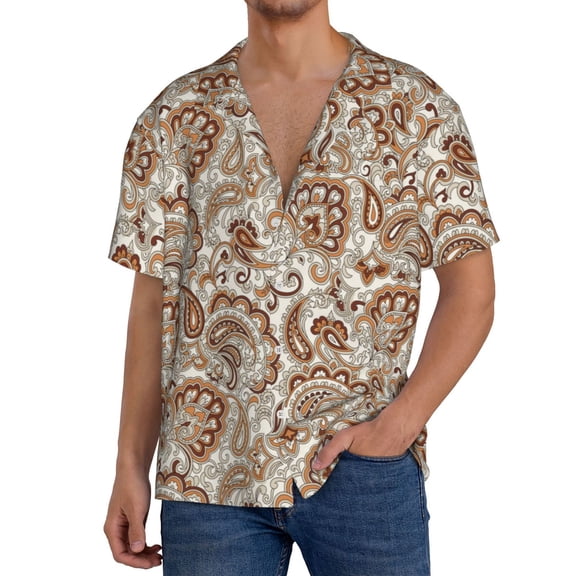 Rateoe Indian Paisley1 Pattern Men's Short Sleeve Classic Shirt, Casual Short-Sleeved Shirt, Lightweight Summer Shirt, Cuban Collar Shirt,Button-Front Shirt-Large
