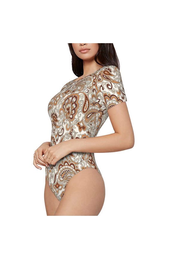 Indian Paisley1 Printed Women Rash Guard Short Sleeve,Tummy control Swimsuit Surfing Swimsuit Bathing Suit Short-sleeved Onesie UPF 50+