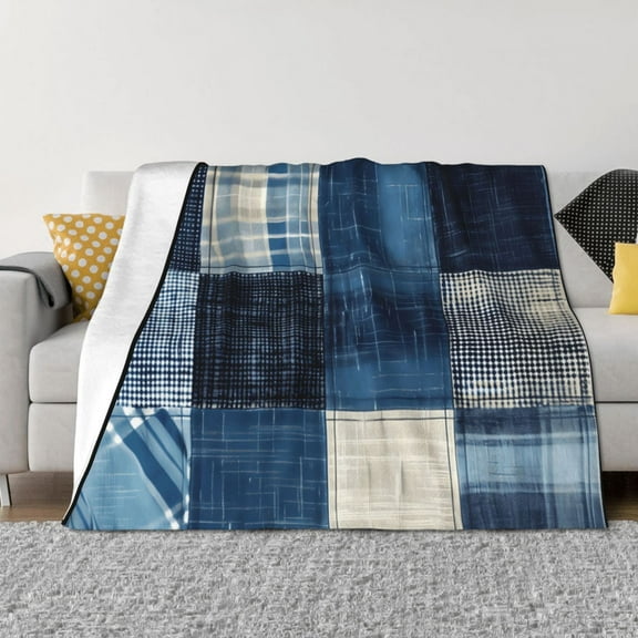 Rateoe Indigo Patchwork Quilt Pattern Flannel Throw Blanket, Ultra-soft Blanket for Bed, Couch, Car, Hypoallergenic Anti-pilling blanket-