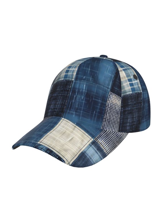 Indigo Patchwork Quilt Pattern Mens Baseball Cap Adjustable Curved Brim Hat, Soft Cotton Sports Cap for Outdoor, Casual, and Everyday Wear, Comfortable & Breathable